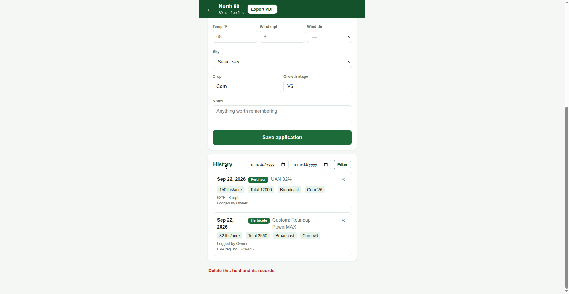 FieldLog per-field history with application type badges