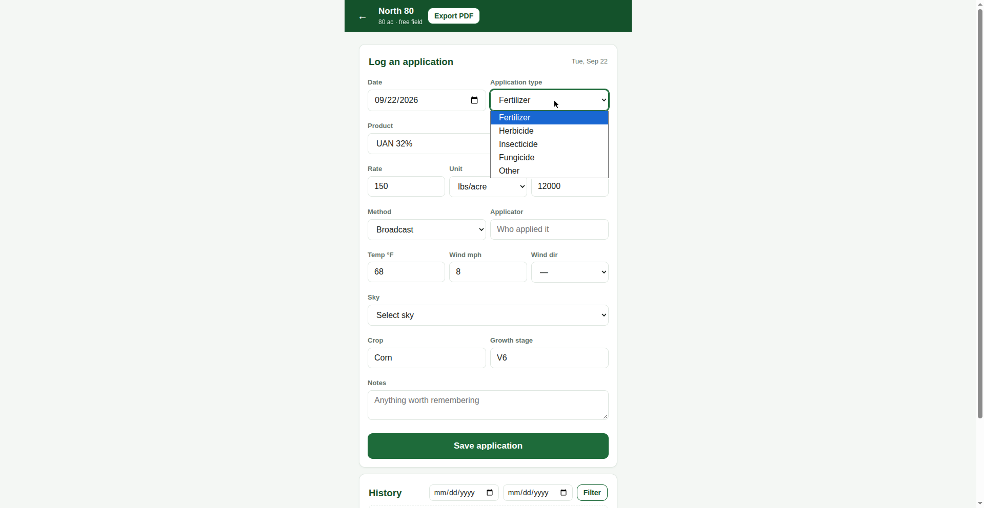 FieldLog log-an-application form with the application type picker open