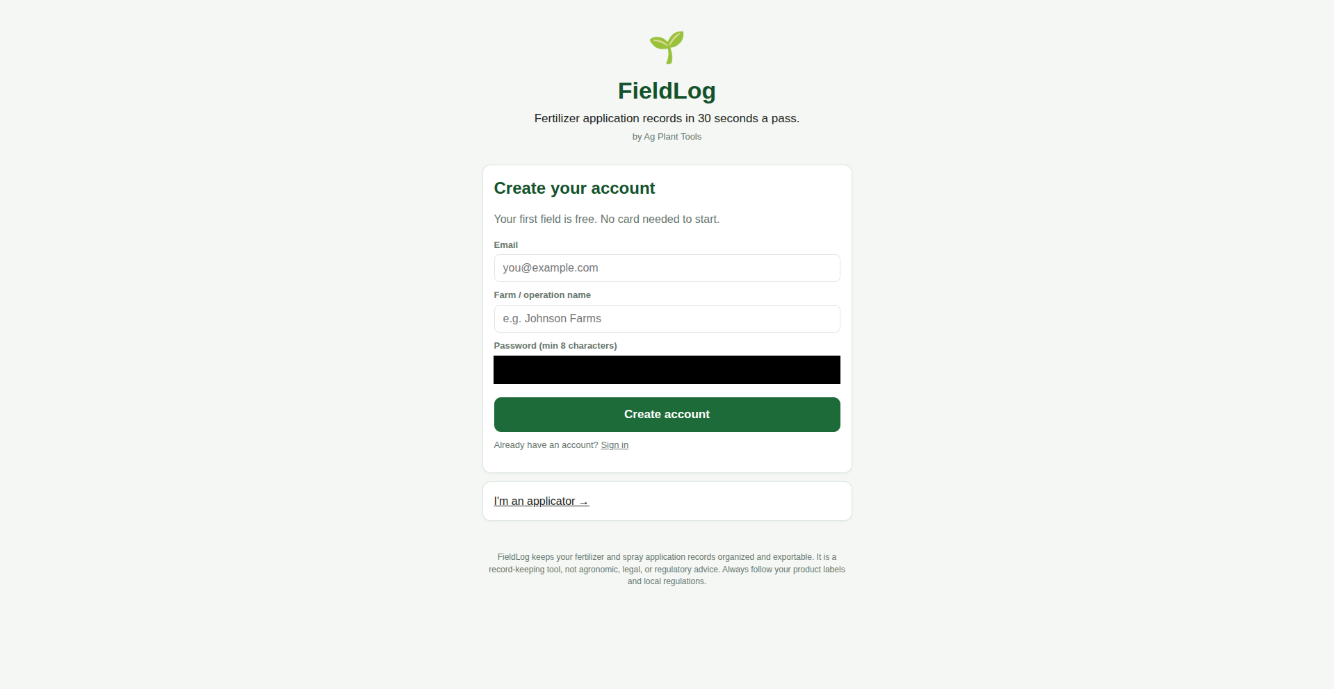 FieldLog account creation screen